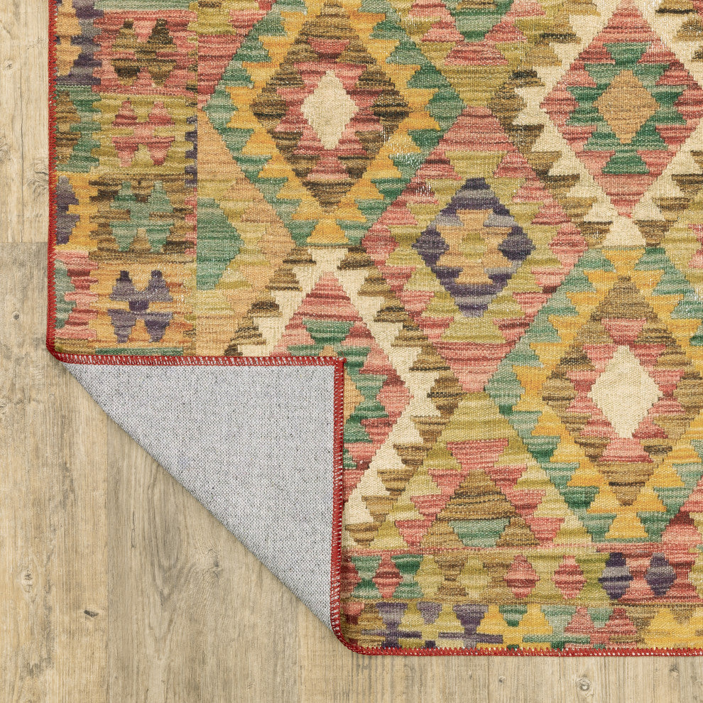 Michaela Machine Washable Geometric Tribal Gold/ Multi Area Rug, Gold, 2'x8'
