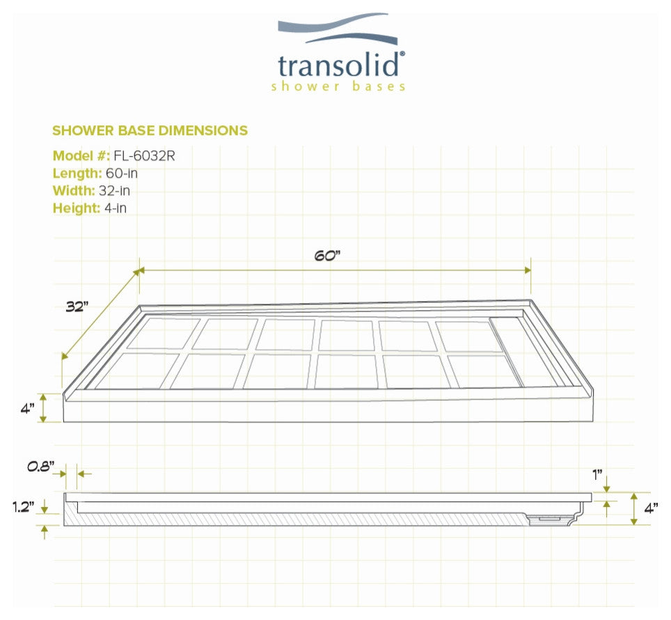 Transolid Linear 60"x32" Rectangular Alcove Shower Base with Left Hand Drain, Grey, Right Hand