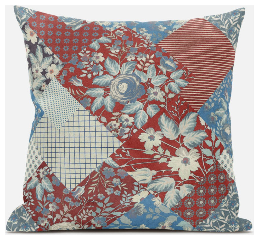 20"Aqua Red Floral Zippered Suede Throw Pillow