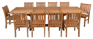 11 Piece Teak Wood Dining Set, Rect Double Extension Table, 10 Abaco Side Chairs