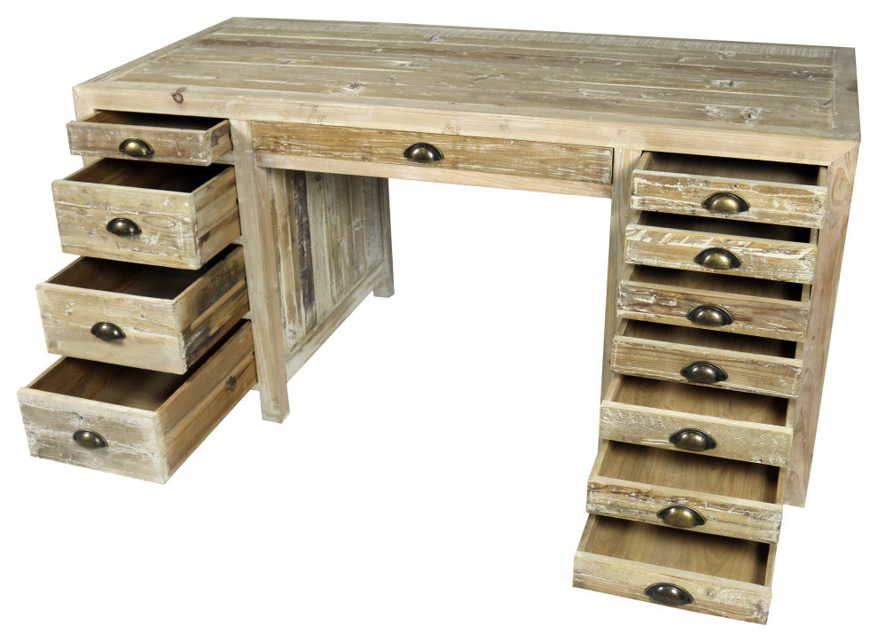 Manhattan Beach 2-Piece Office Set w/ 12-Drawer Desk and Natural Arm Chair