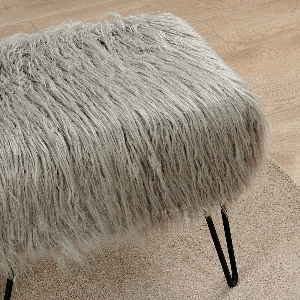 Mongolian Fur Ottoman, Gray, 19''x13''x17''