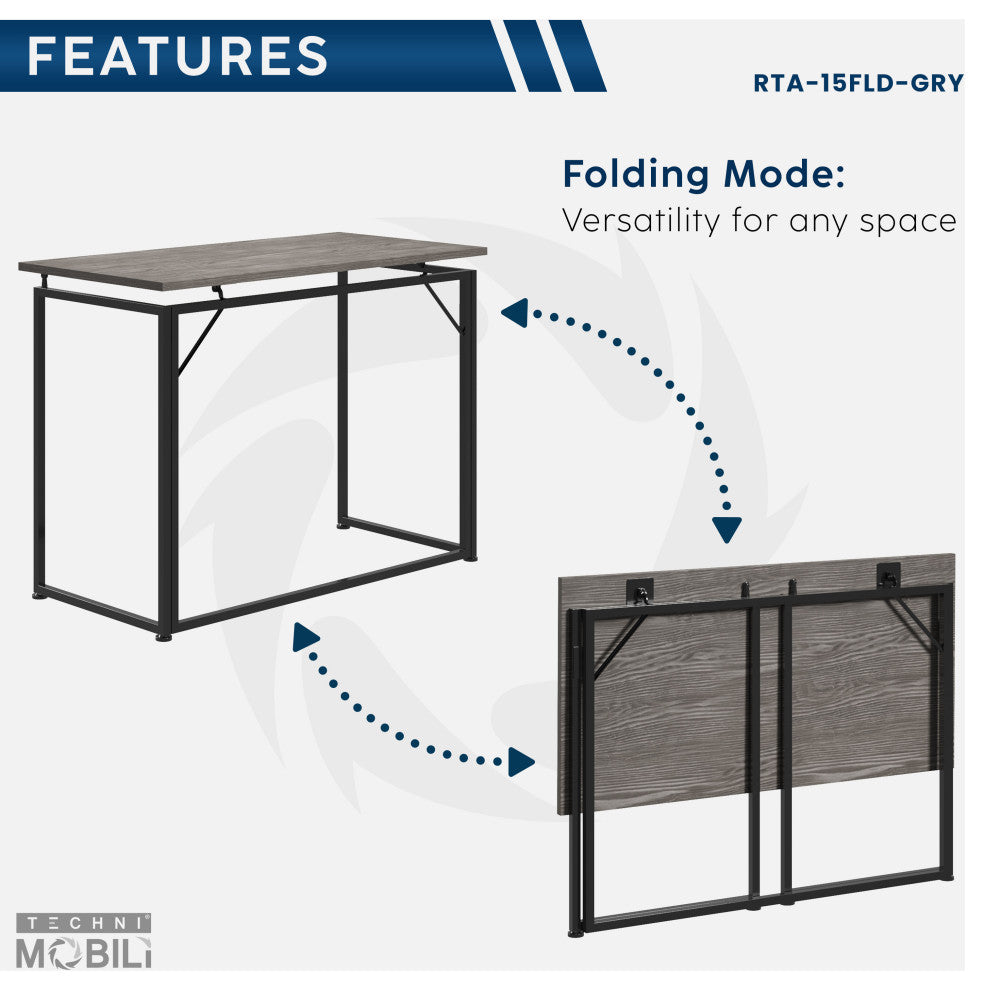 Techni Mobili Space Saving Folding Desk, Grey