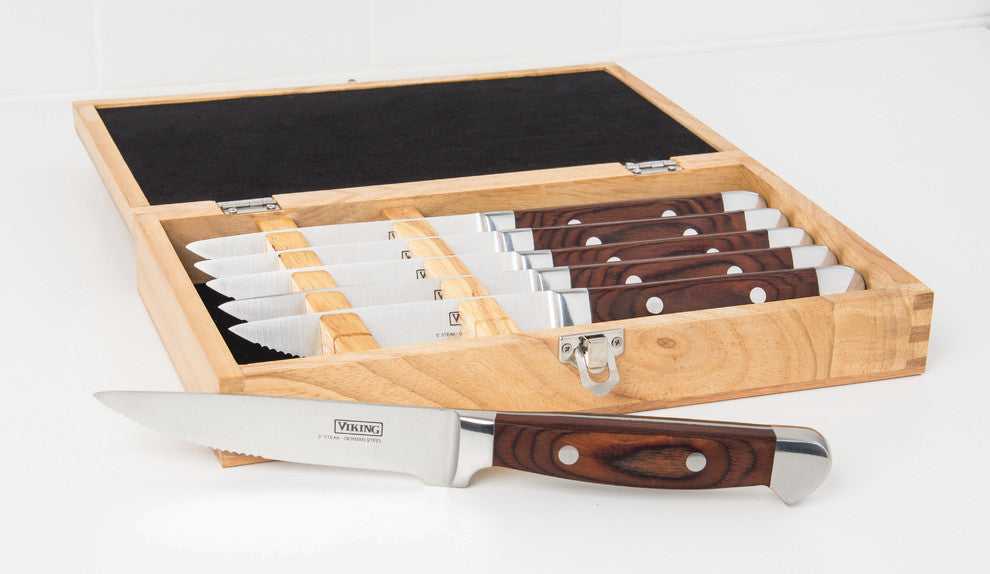 6 Piece Steak Knife Set, Rubberwood Box, Red Handle