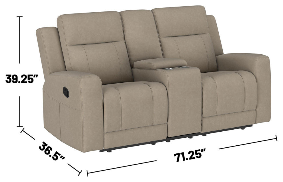 Leatherette Manual Motion Reclining Loveseat With Cup Holders, Taupe