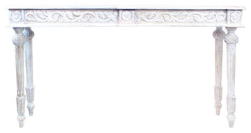 Tigard Console Table in Traditional White Finish on Hand-Carved Solid Wood, White Antique