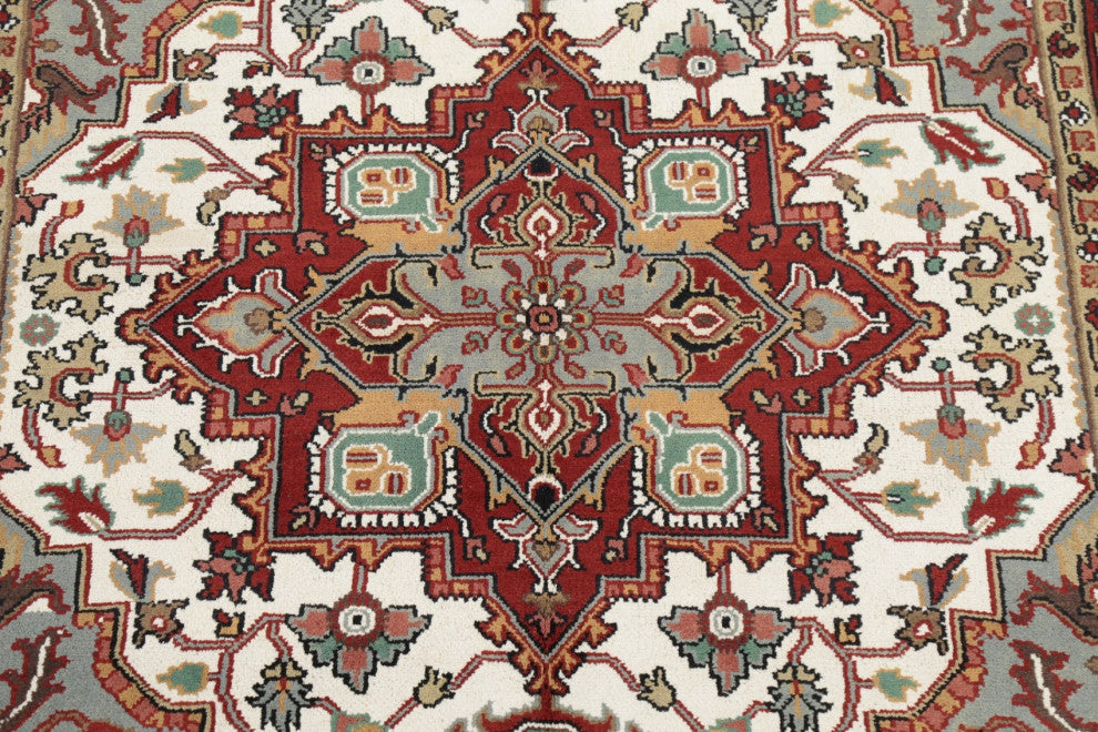 Heriz Oriental Traditional Hand-Knotted Area Rug Indian, Beige, 10'4"x7'11