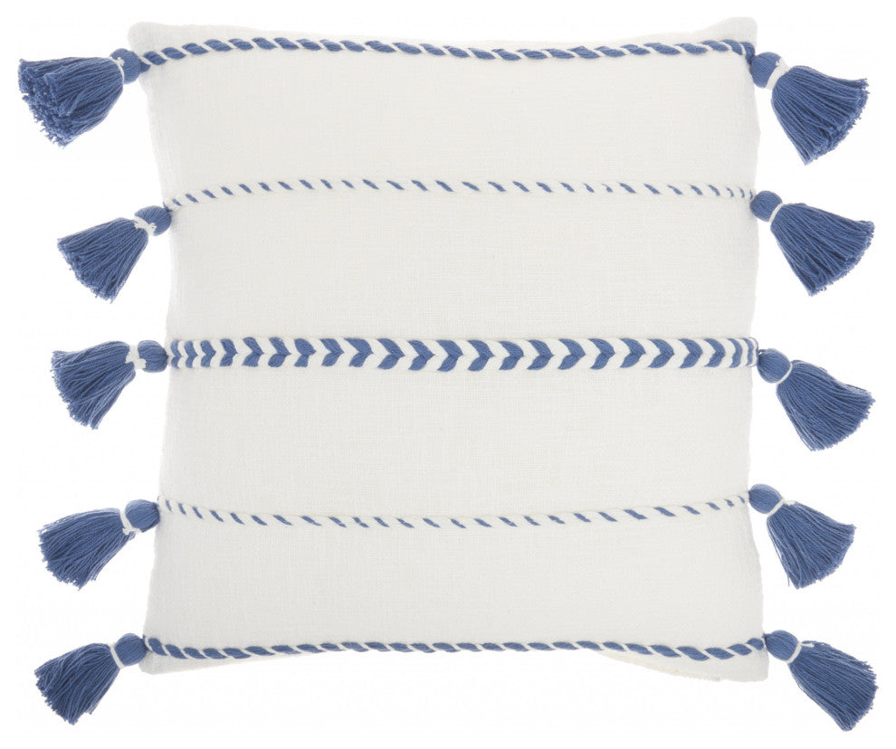 Bohemian White Cotton Accent Pillow With Blue Tassel Details