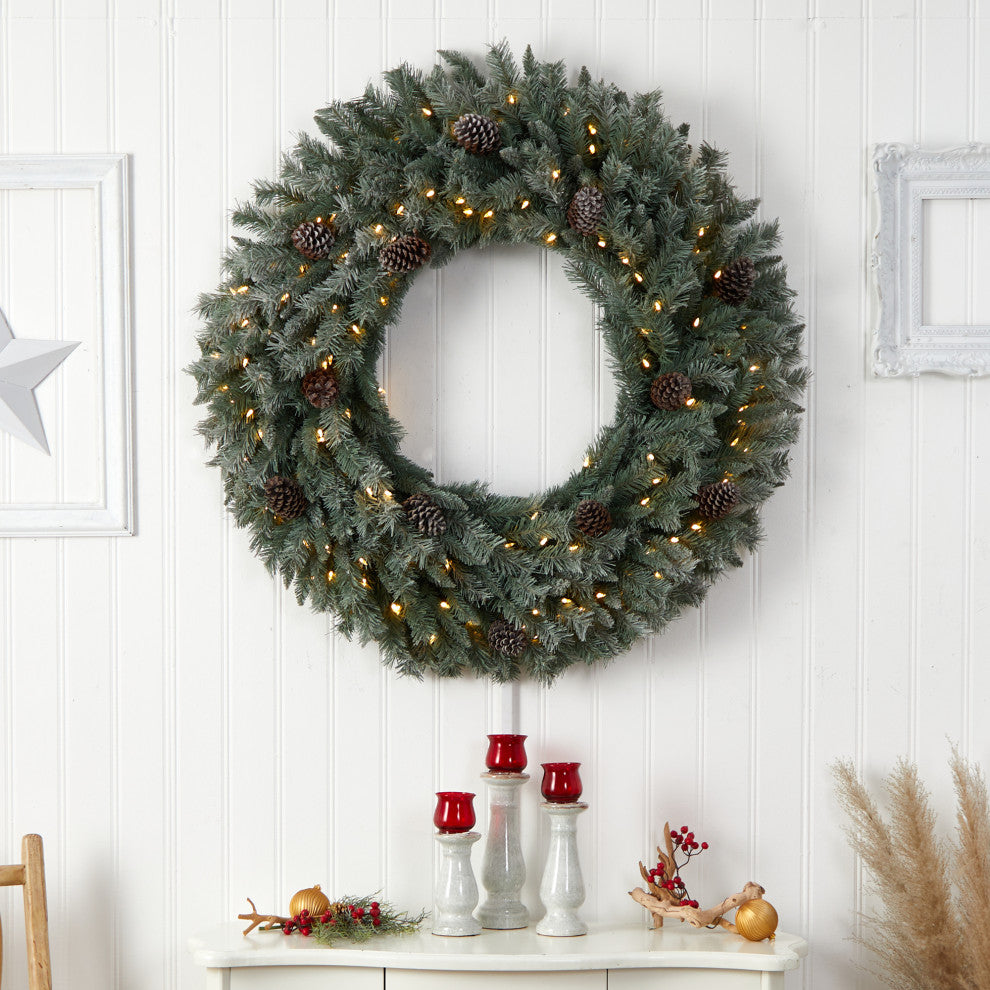 4' Large Flocked Faux Xmas Wreath W/Pinecones, Clear Lights & Bendable Branches
