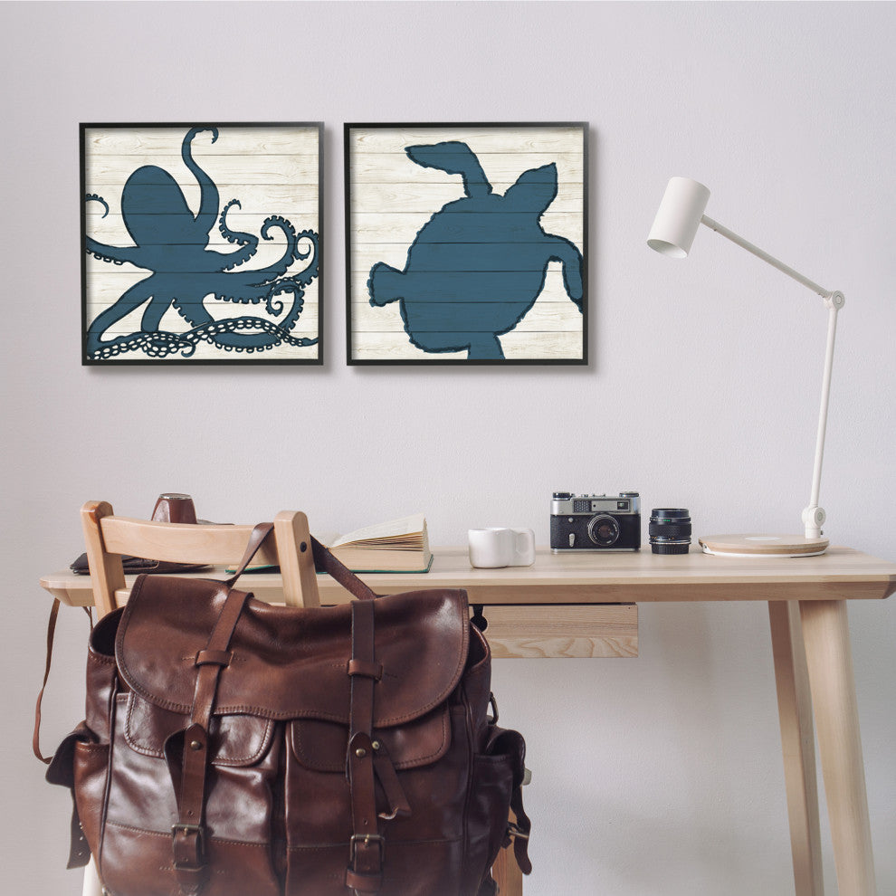 Nautical Blue Silhouette Octopus Sea Turtle Aquatic Animals,17 x 17