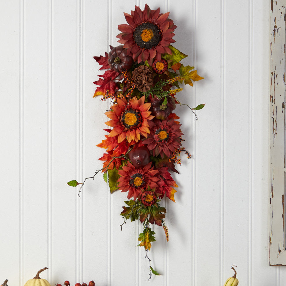 35" Autumn Sunflower, Pumpkin and Berries Artificial Teardrop