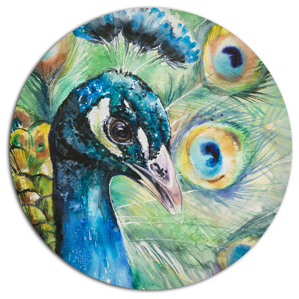 Larger Peacock Watercolor, Animal Large Disc Metal Wall Art, 36"