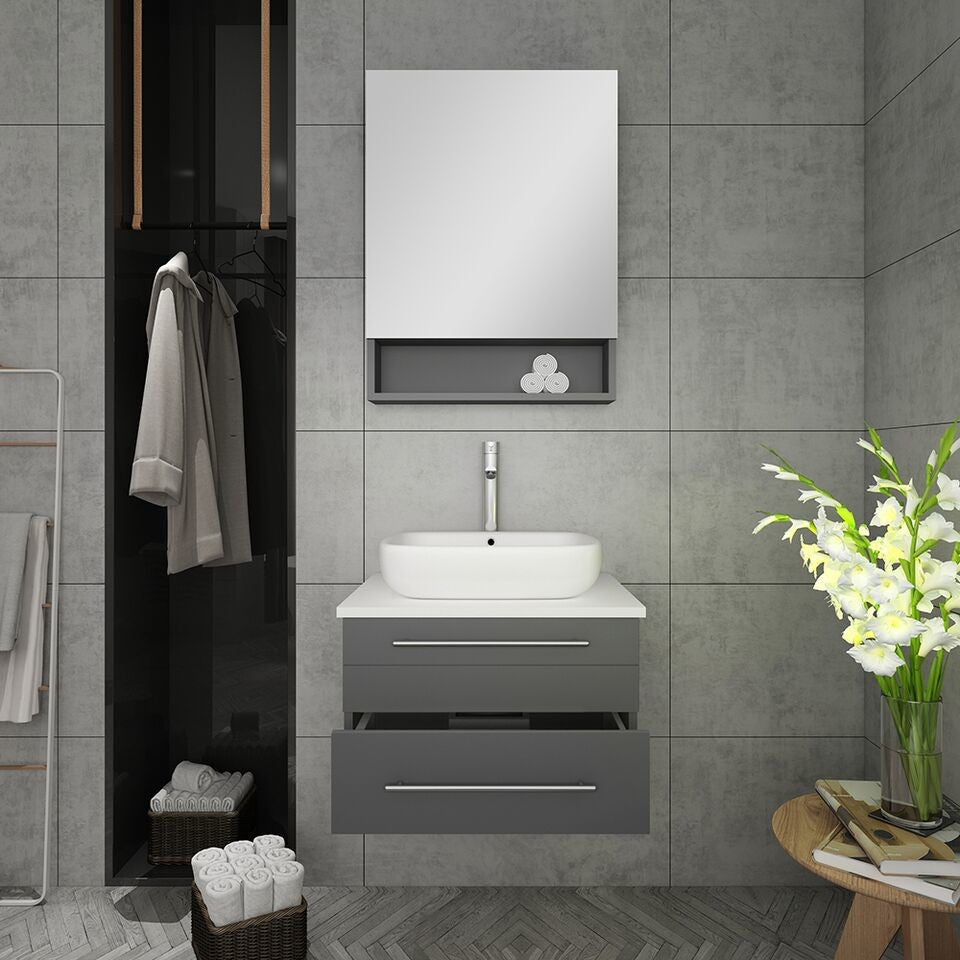 Fresca Lucera 24" Wall Hung Bathroom Vanity, Gray, Vessel Sink, Faucet, Fft1044c