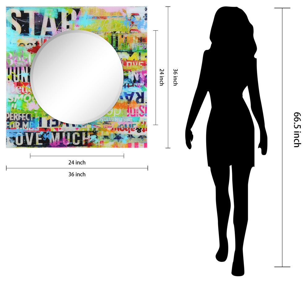 "Star" Square Beveled Wall Mirror on Free Floating Printed Tempered Art Glass