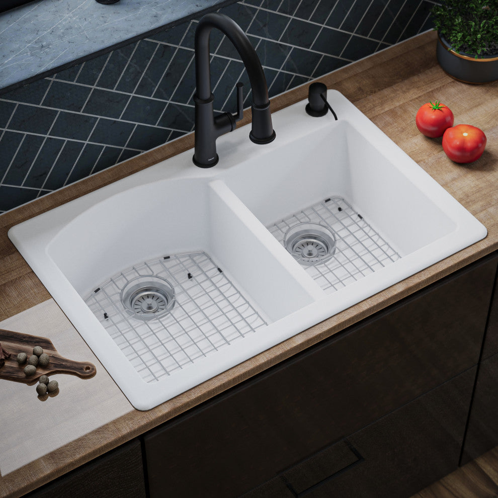 Karran Drop-In Quartz 33" 1-Hole 60/40 Double Bowl Sink Kit, White