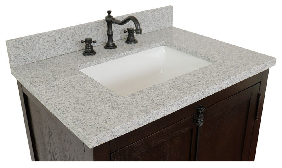 30" Single Vanity, Brown Ash, Gray Granite Top, Rectangle Sink