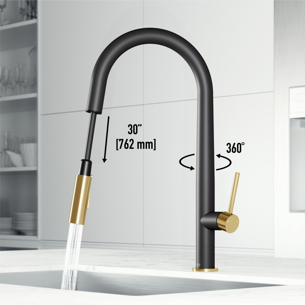 VIGO Greenwich 18" H Single Handle Pull-Down Sprayer Kitchen Faucet, Matte Black/Matte Brushed Gold, No Sensor, Without Extras