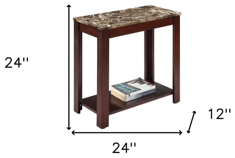 24" Brown Faux Marble End Table With Shelf