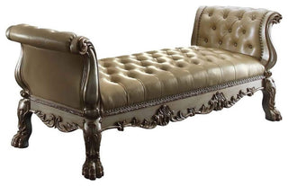 Leatherette Bench with Arms, Bone and Gold Patina