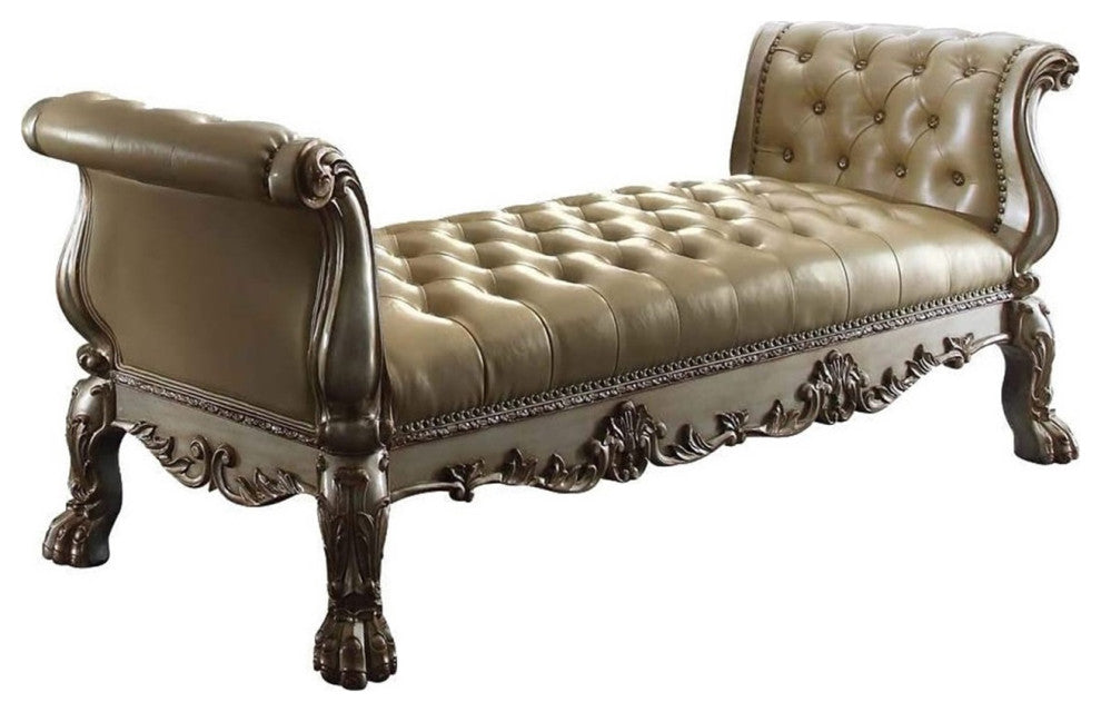 Leatherette Bench with Arms, Bone and Gold Patina