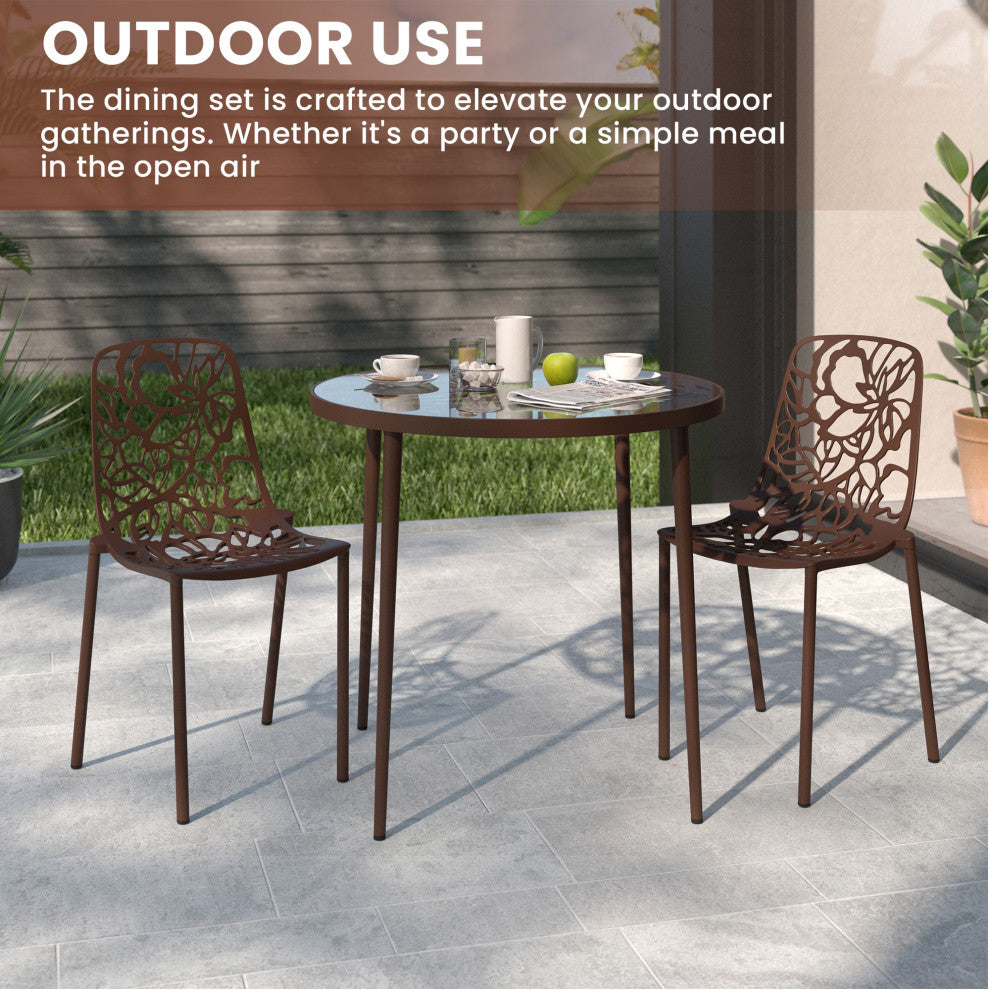 LeisureMod Devon Outdoor Dining Set with Glass Table and 2 Chairs, Brown