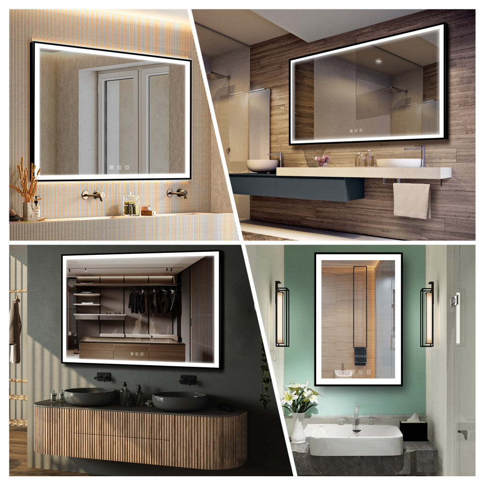 Kiva-Rhyme Black Framed LED Vanity Wall Mounted Mirror, 24x32", 3 Buttons, 48"x36
