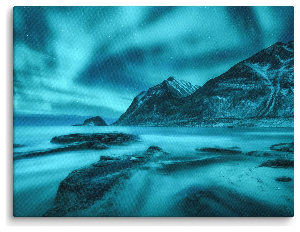 Blue Northern Lights and Mountain Coast Landscape Photo Canvas Wall Art Prints, 18" X 24"