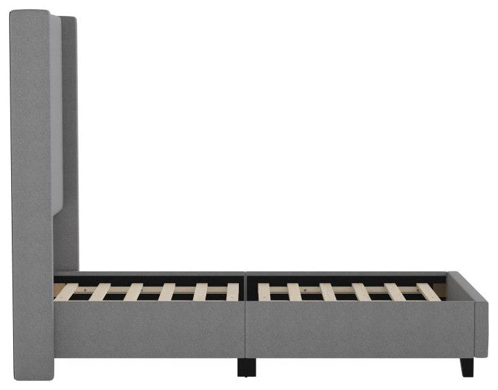 Quinn Upholstered Platform Bed with Channel Stitched Wingback Headboard, Gray, Twin