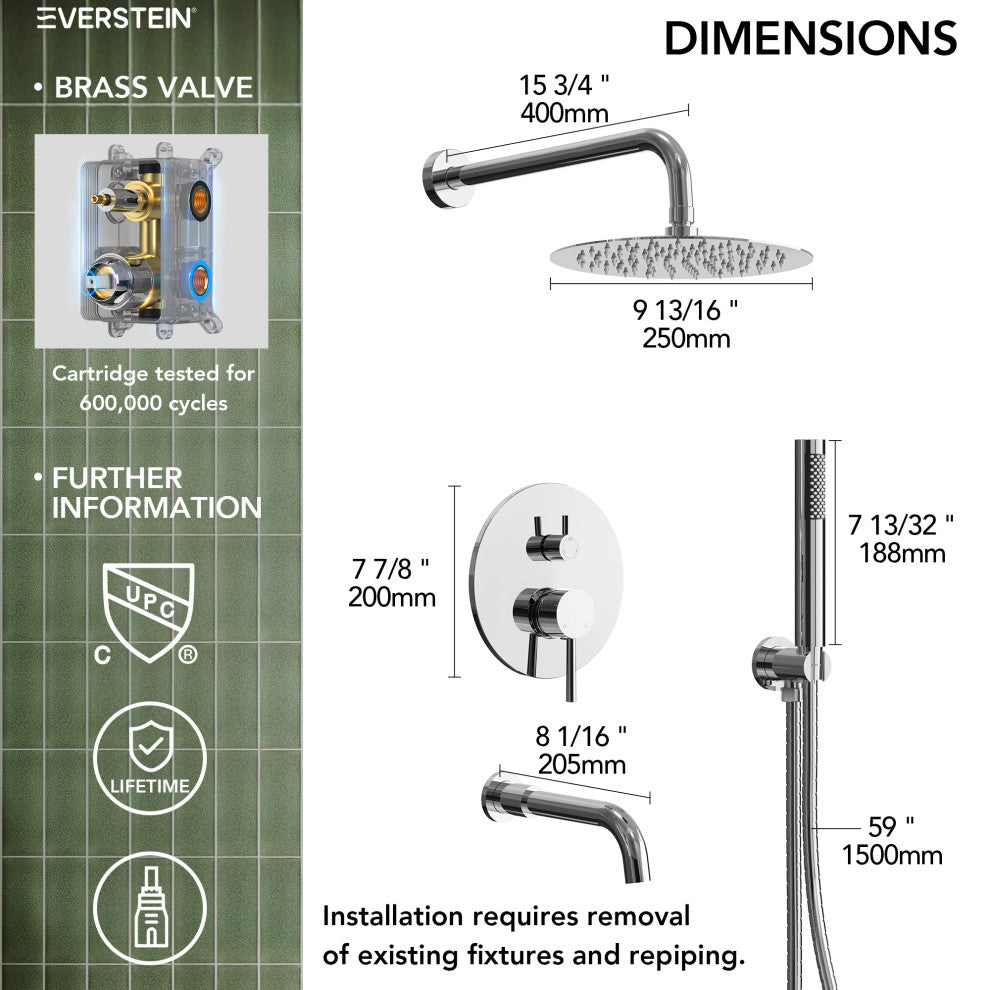 10" Wall Shower System with Tub Shower Faucet Set, Chrome