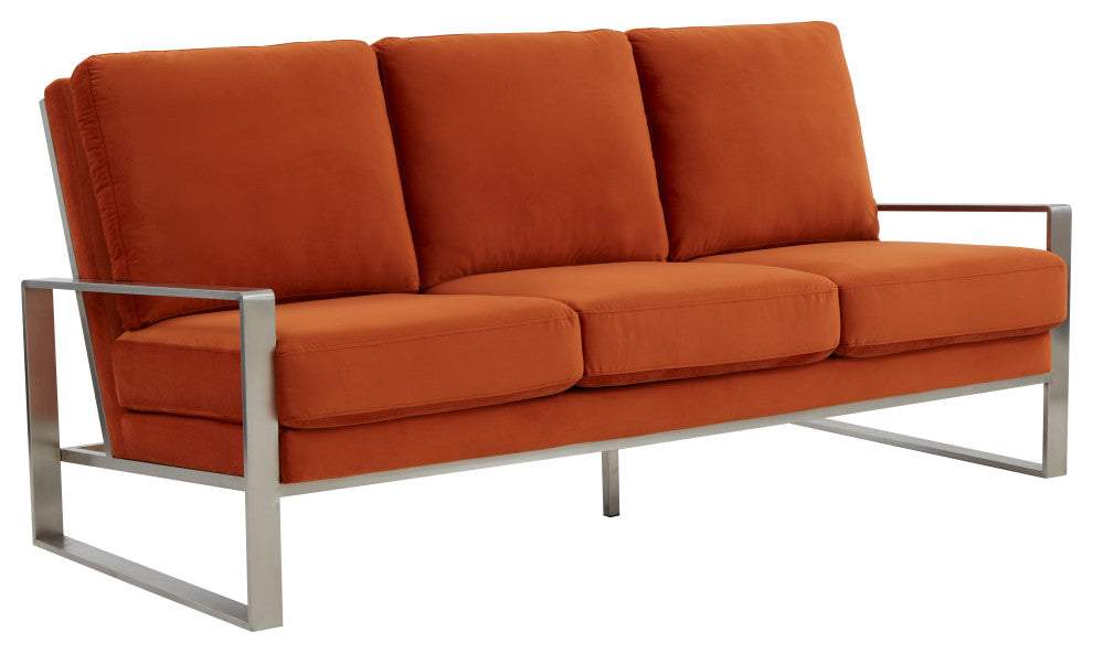 LeisureMod Jefferson Modern Design Velvet Sofa With Silver Frame, Orange