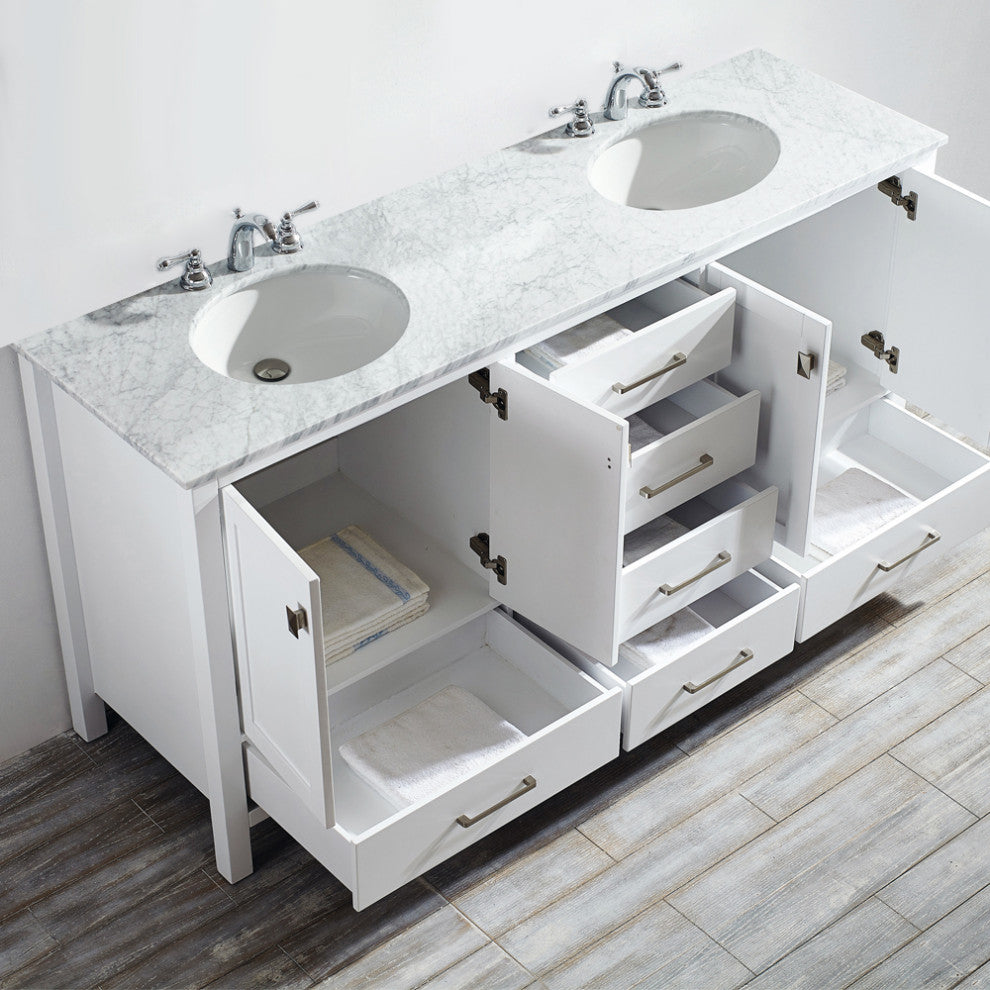 Vinnova Gela 72" White Double Sink Vanity With Carrara White Marble Countertop