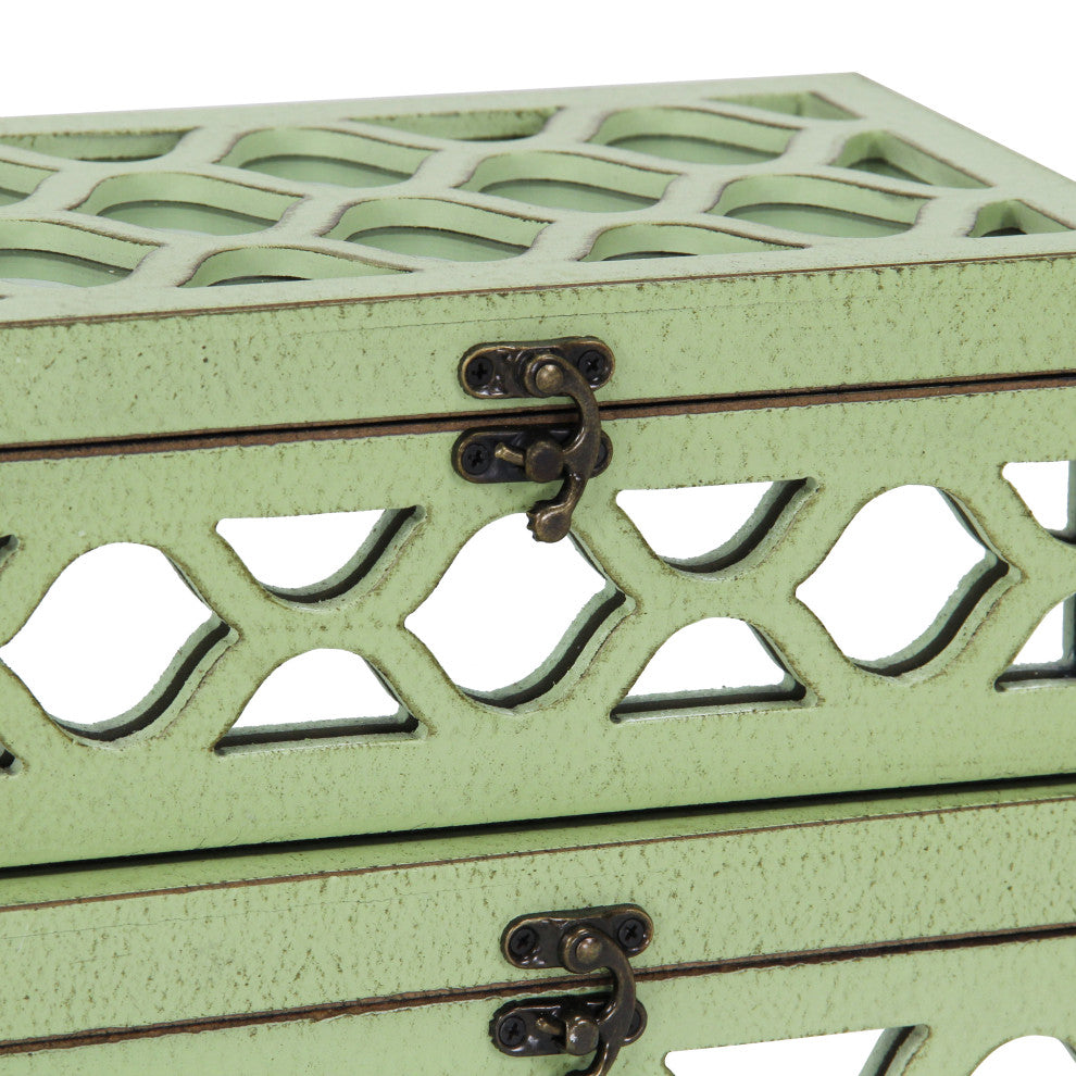 Moroccan Mirrored Wooden Boxes, Blue, Set of 2, Green
