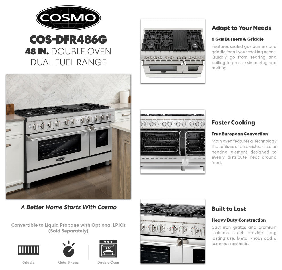 Cosmo Pro Double Oven Dual-Fuel Range 6 Burners w/ Griddle 48"�