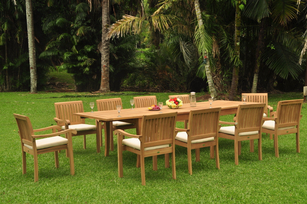 9-Piece Teak Dining Set, 122" X-Large Rectangle Table, 8 Nain Stacking Chairs