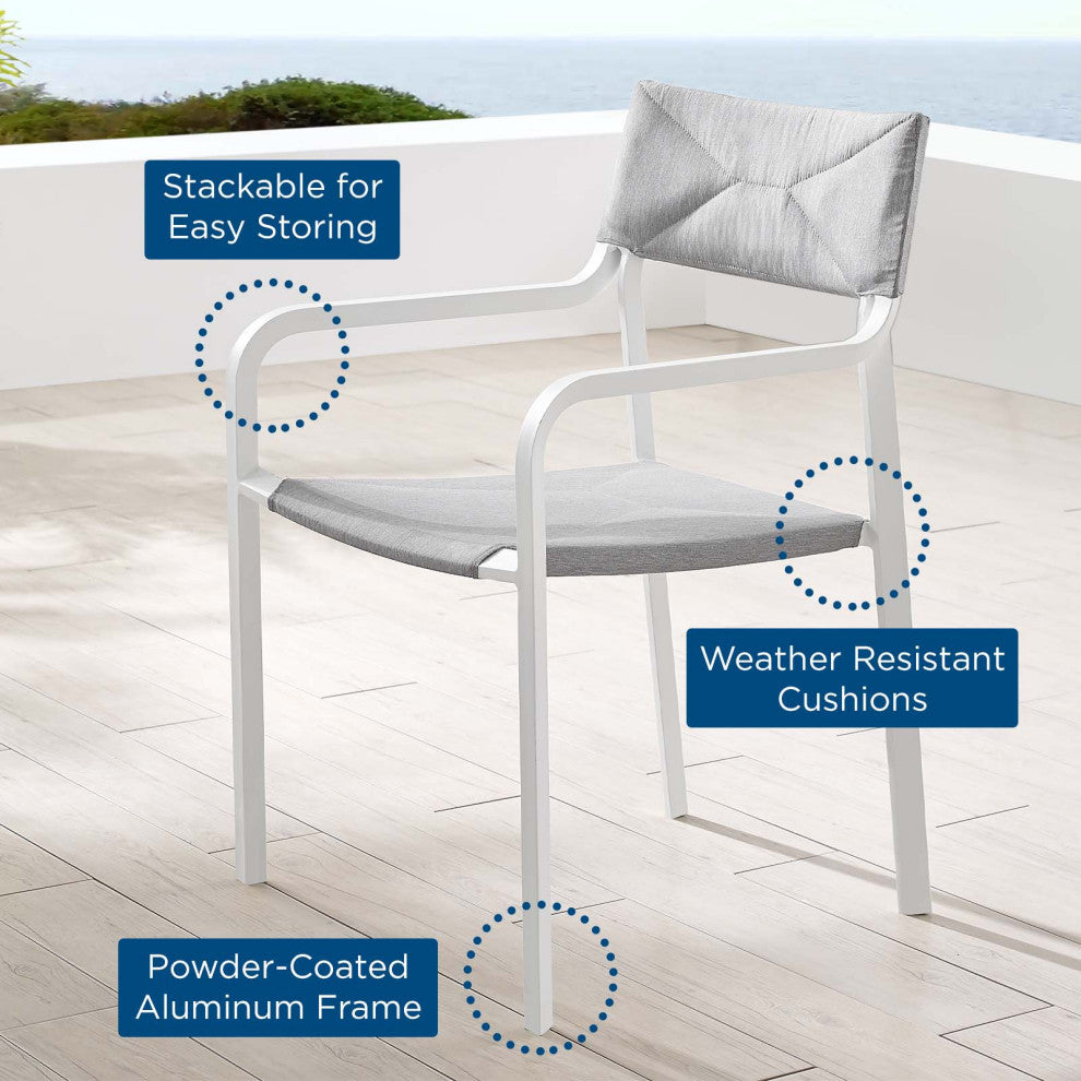 Side Dining Chair Armchair, Aluminum, Metal, White Gray, Modern, Outdoor
