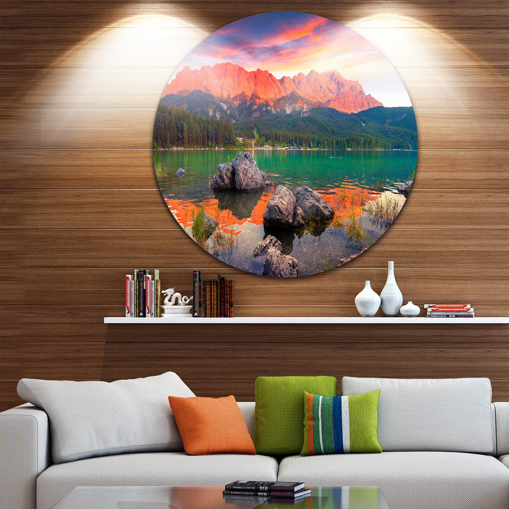 Colorful Eibsee Lake Sunset, Landscape Photo Round Wall Art, 11"
