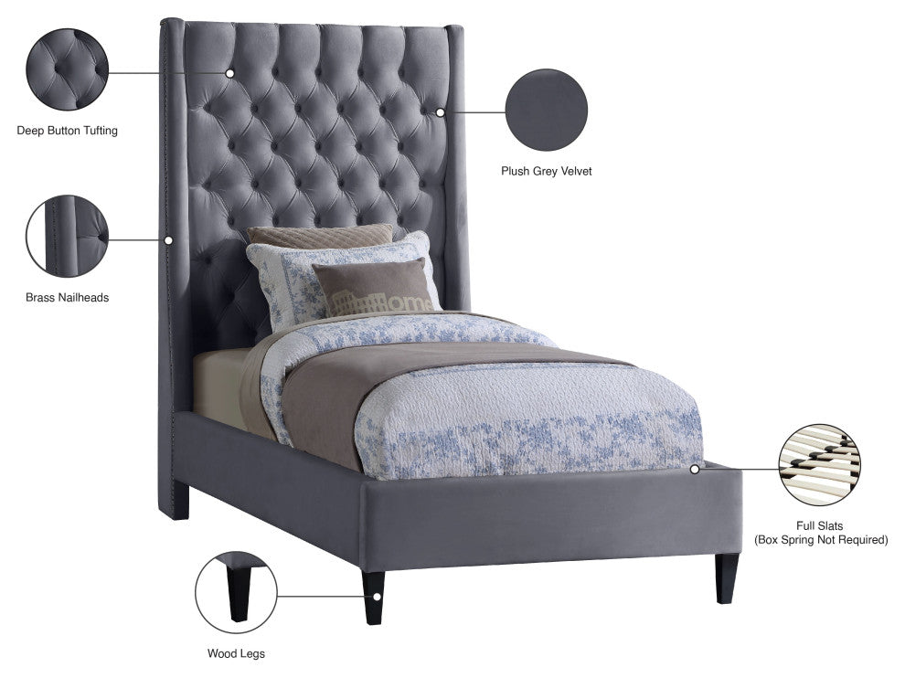 Fritz Velvet Upholstered Bed, Gray, Twin