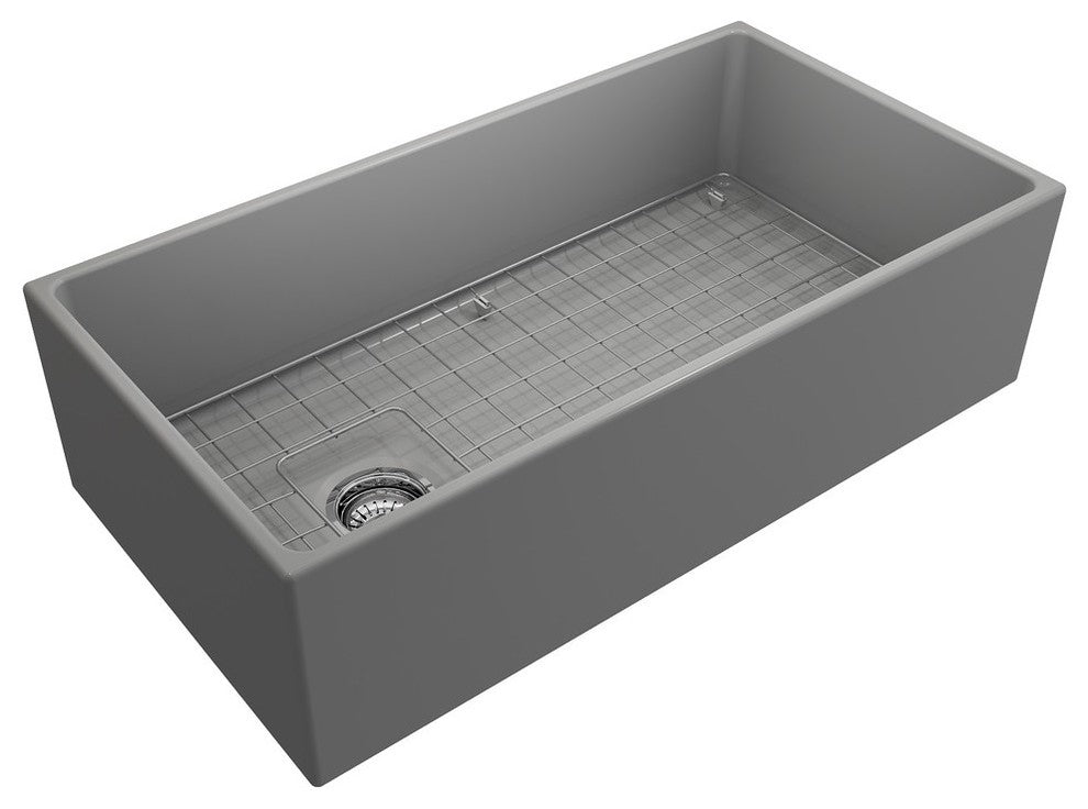 Bocchi Contempo 36 Matte Gray Fireclay Farmhouse Sink Single Bowl With Free Grid