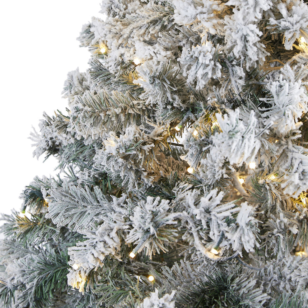 7' Flocked Rock Springs Spruce Faux Xmas Tree W/ Lights & Bendable Branches