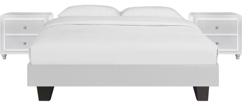 White Platform Queen Bed with Two Nightstands