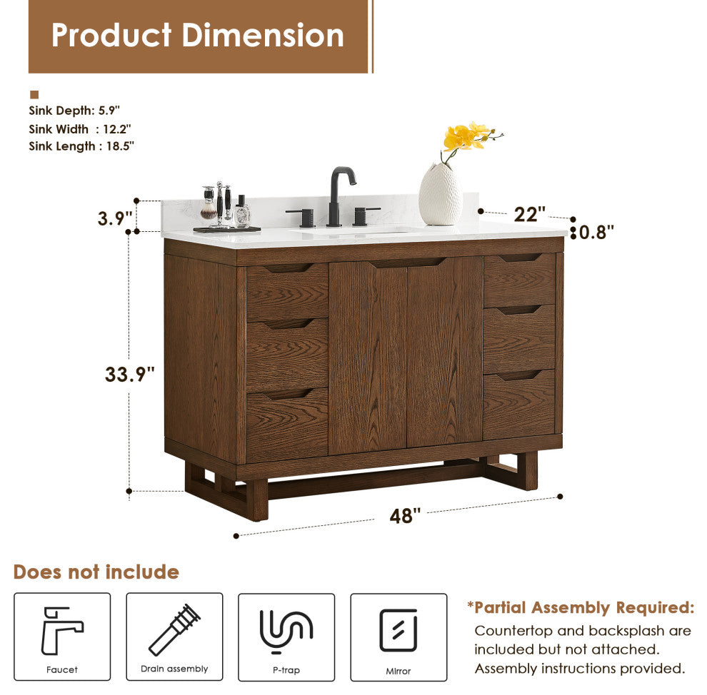 Mowry Bathroom Vanity, Brown Brushed Oak, 48", No Mirror