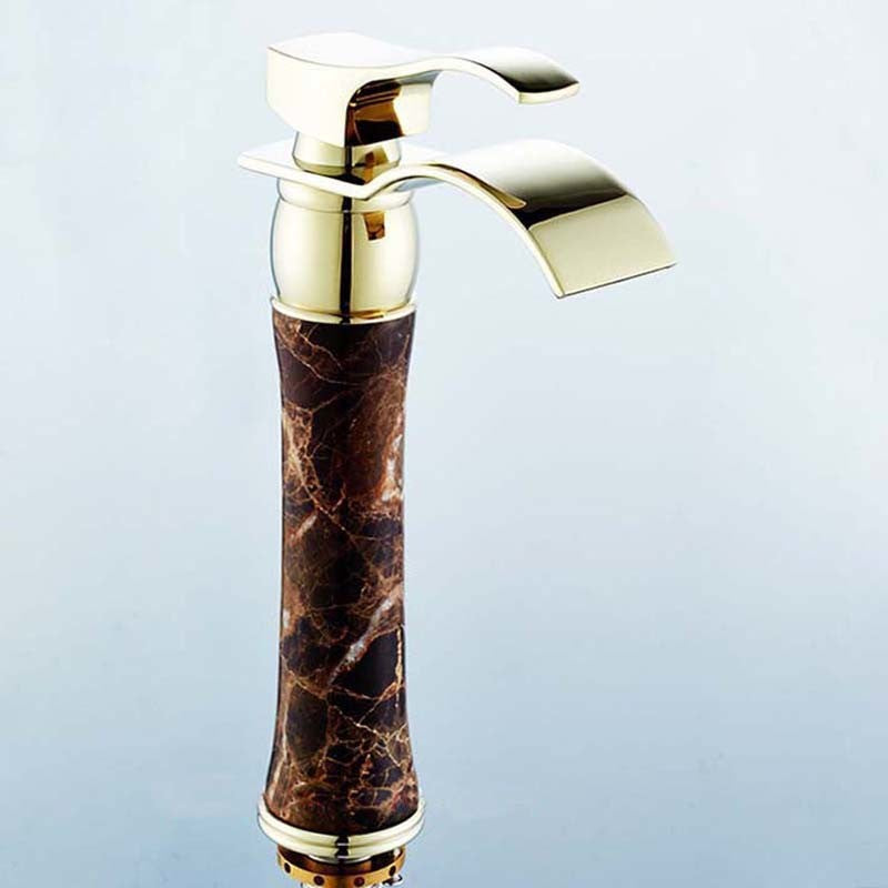 Apulia Jade Marble Single Handle Gold Deck Mounted Waterfall Bathroom Faucet