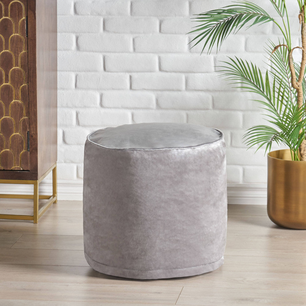 Bleckley Gwinnett Modern Velveteen Cylinder Pouf, Pewter