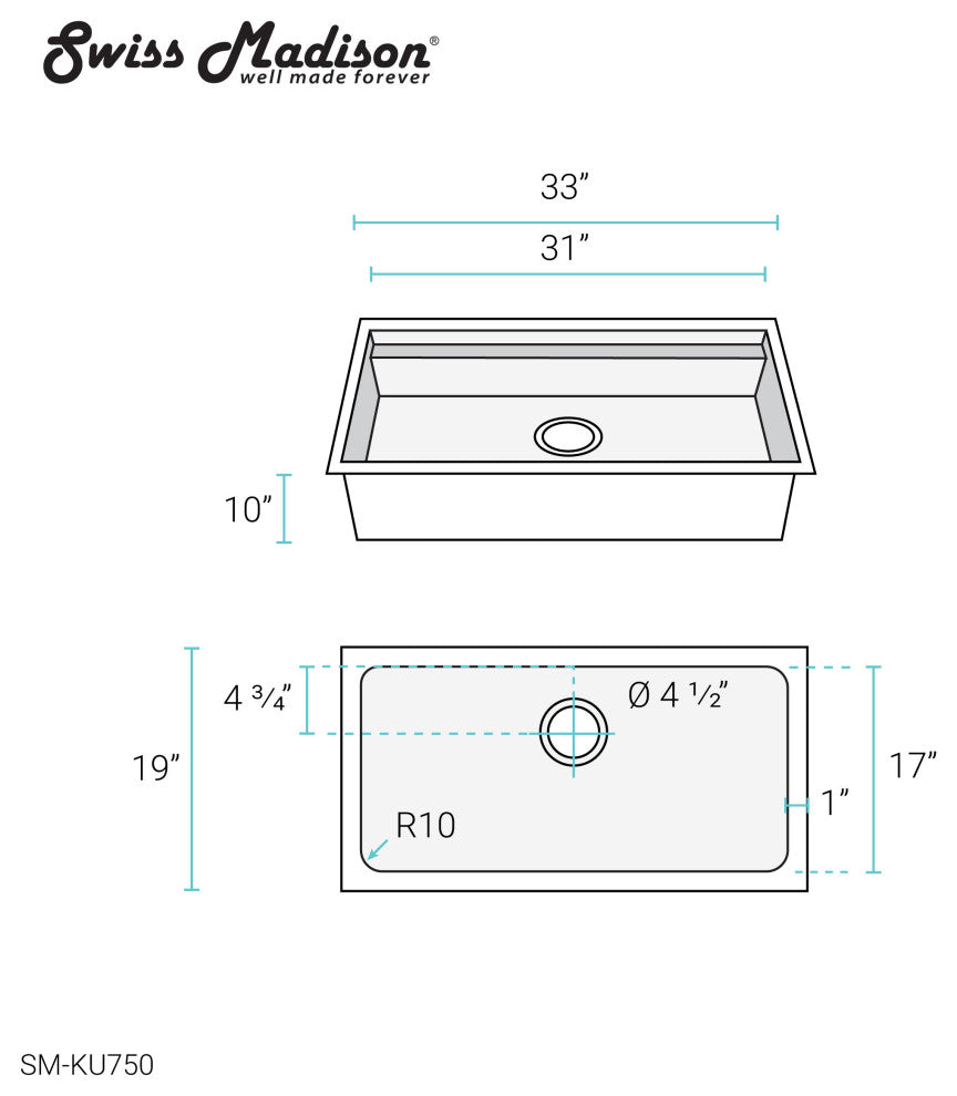 Rivage 33x19" Single Basin Undermount Kitchen Workstation Sink