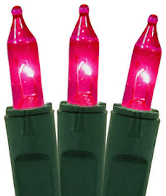 Set of 50 Pink Perm-O-Snap Mini Christmas Lights, Green Wire