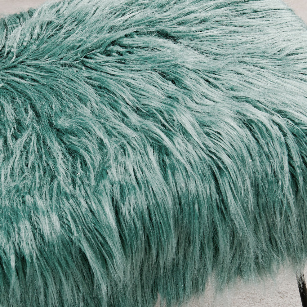 Mongolian Fur Ottoman, Oil Blue, 19''x13''x17''