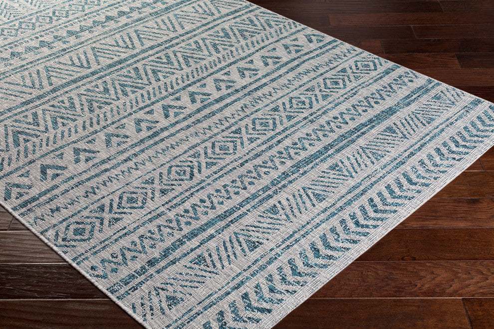 Eagean Indoor / Outdoor Aqua, Black Area Rug, 5'3"x7'6"