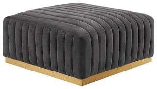 Conjure Channel Tufted Performance Velvet Ottoman, Gold Gray