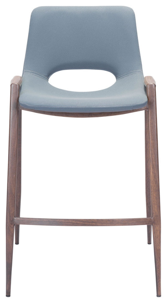 Counter Stool Chair, Set of 2, Faux Vinyl Leather, Steel, Gray, Walnut
