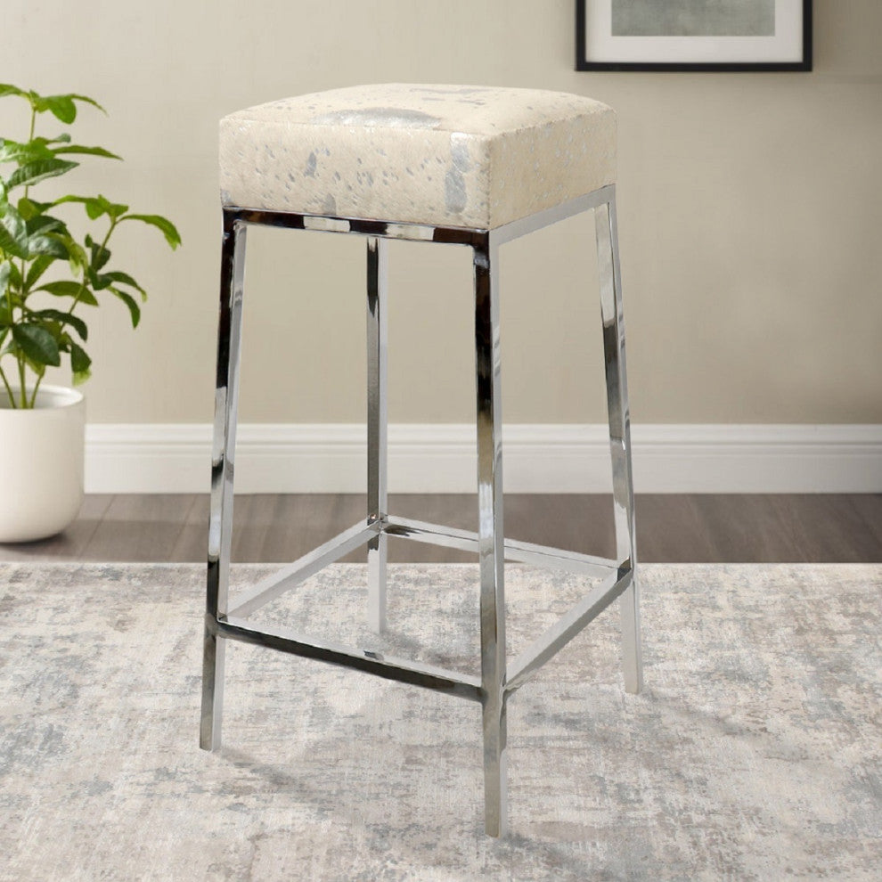 Pasargad Home Safari Cowhide Upholstered Bar Stool With Steel Legs, Silver
